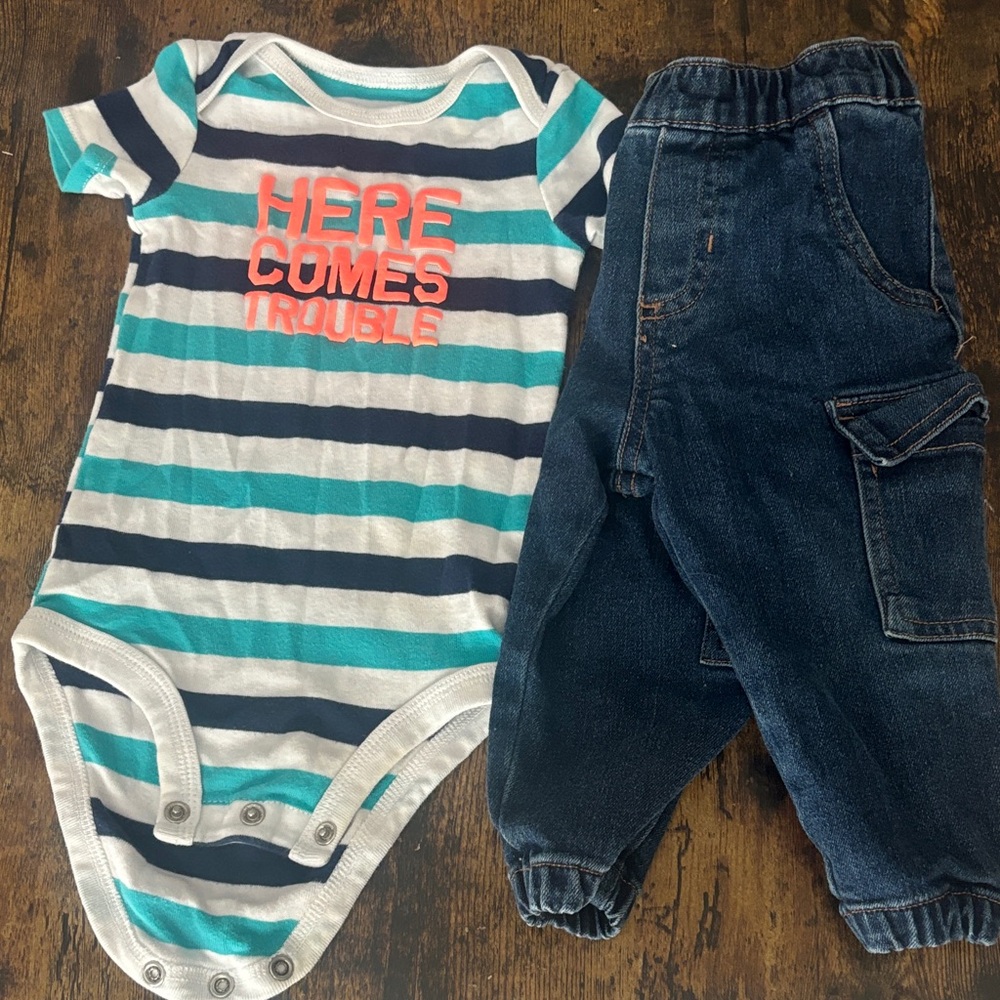 Carter's Blue and White Striped Onesie w/ Garaninals Denim Pants Baby 12 months